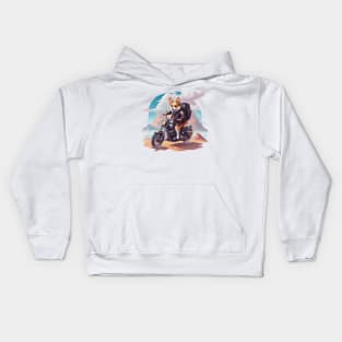 Corgi riding a motorcycle in the desert Kids Hoodie